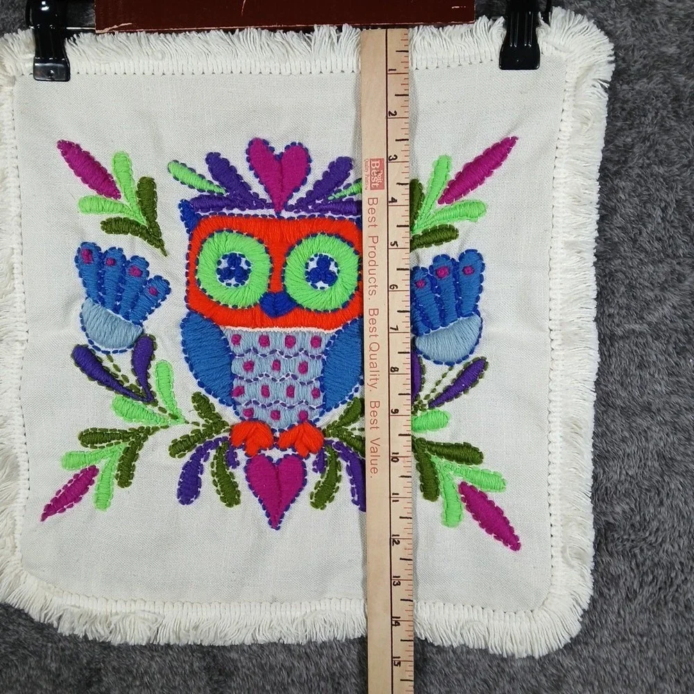 Vintage Embroidered Owl Crewel Pillow Cover 15x15 White Boho Decor
